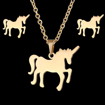 Gold Steel Unicorn Necklace & Earrings Set