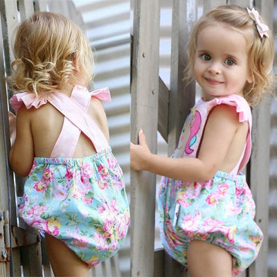 Pink Unicorn Baby Floral and Dotted Romper