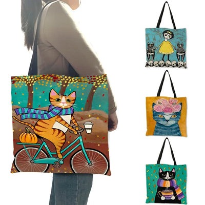 Colorful Cat Painting Linen Tote Bag