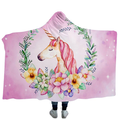 Pink Floral Unicorn Plush Hooded Blanket