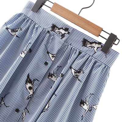 Mid-Calf Striped Birds Print Skirt