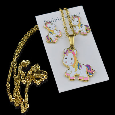 Golden Unicorn Necklace Earrings Set