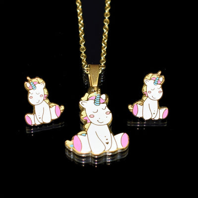 Golden Unicorn Necklace Earrings Set