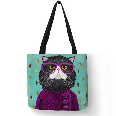 Colorful Cat Painting Linen Tote Bag