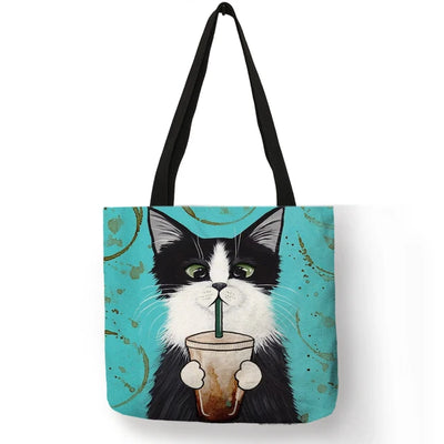 Colorful Cat Painting Linen Tote Bag