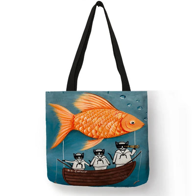 Colorful Cat Painting Linen Tote Bag